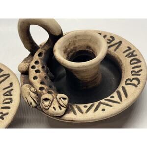 Pair Of 2 Pottery Lizard Candle Holders With Handles “Bridal Veils “figurines